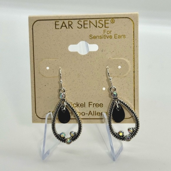 Ear Sense Jewelry - Ear‎ Sense Silver Tone Black Teardrop AB Rhinestone Hypoallergenic Earrings NEW